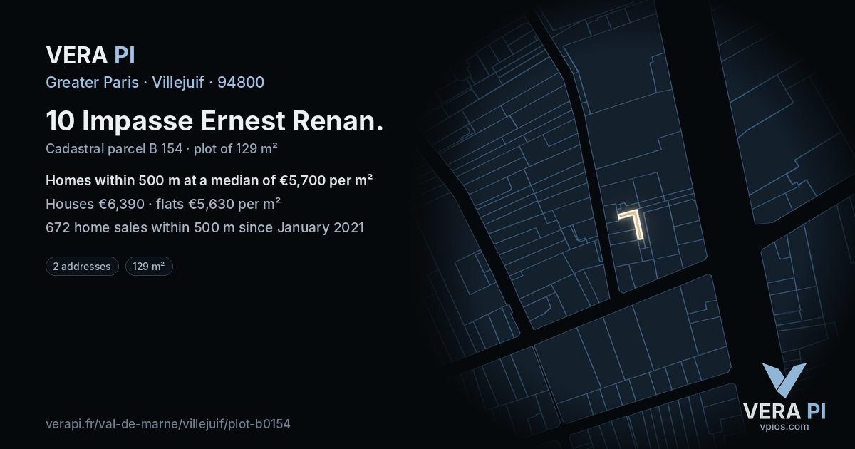 10 Impasse Ernest Renan, Villejuif at night – the plot lit, the parcels around coloured by the prices near them