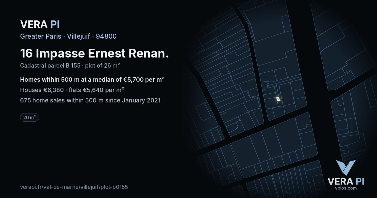 16 Impasse Ernest Renan, Villejuif at night – the plot lit, the parcels around coloured by the prices near them