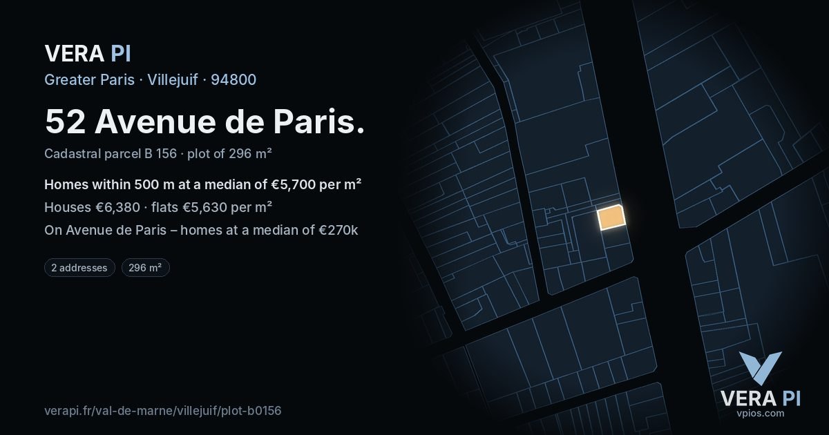 52 Avenue de Paris, Villejuif at night – the plot lit, the parcels around coloured by the prices near them
