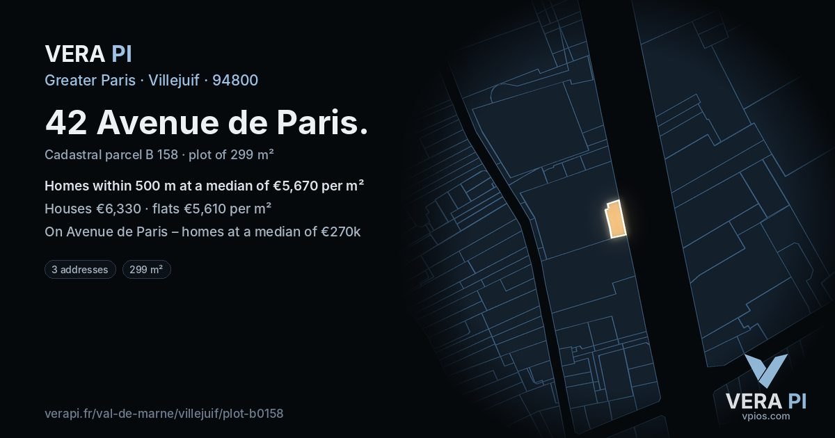 42 Avenue de Paris, Villejuif at night – the plot lit, the parcels around coloured by the prices near them