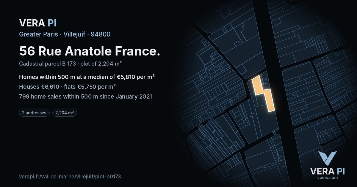 56 Rue Anatole France, Villejuif at night – the plot lit, the parcels around coloured by the prices near them