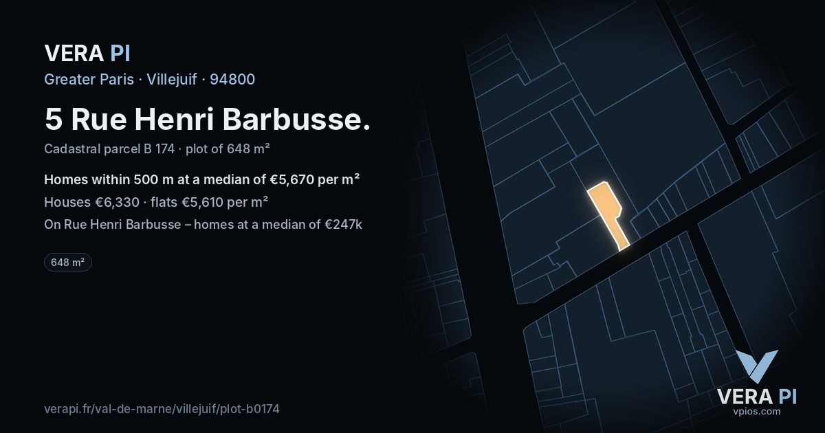 5 Rue Henri Barbusse, Villejuif at night – the plot lit, the parcels around coloured by the prices near them