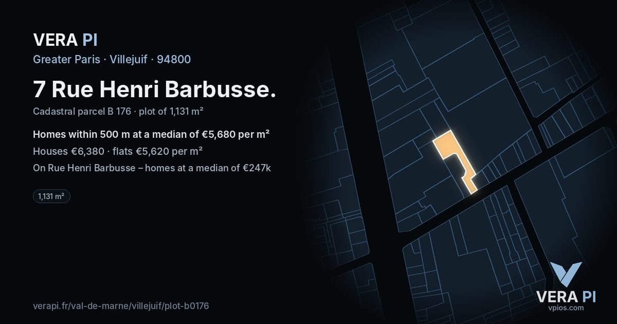 7 Rue Henri Barbusse, Villejuif at night – the plot lit, the parcels around coloured by the prices near them