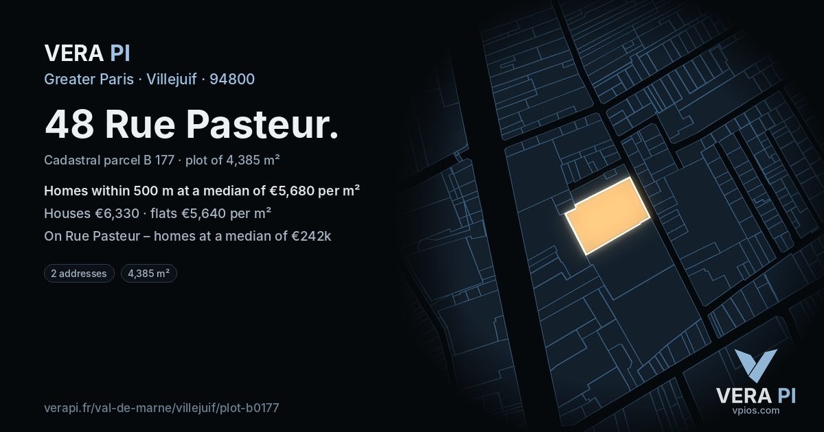 48 Rue Pasteur, Villejuif at night – the plot lit, the parcels around coloured by the prices near them