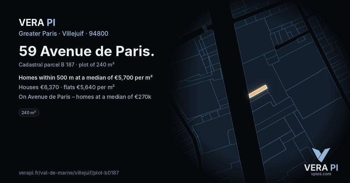 59 Avenue de Paris, Villejuif at night – the plot lit, the parcels around coloured by the prices near them