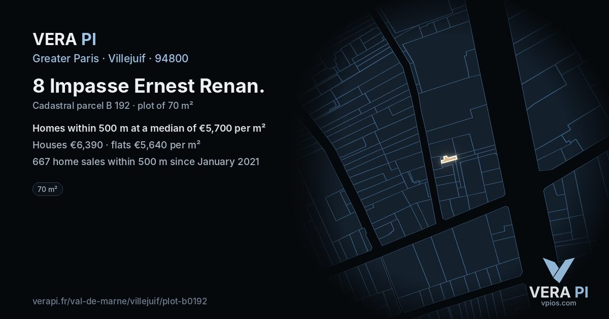 8 Impasse Ernest Renan, Villejuif at night – the plot lit, the parcels around coloured by the prices near them