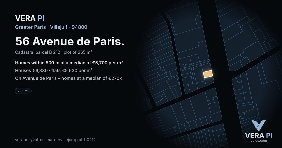 56 Avenue de Paris, Villejuif at night – the plot lit, the parcels around coloured by the prices near them