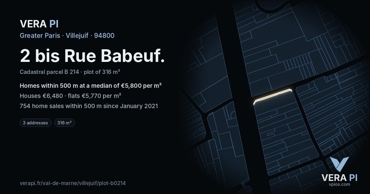 2 bis Rue Babeuf, Villejuif at night – the plot lit, the parcels around coloured by the prices near them