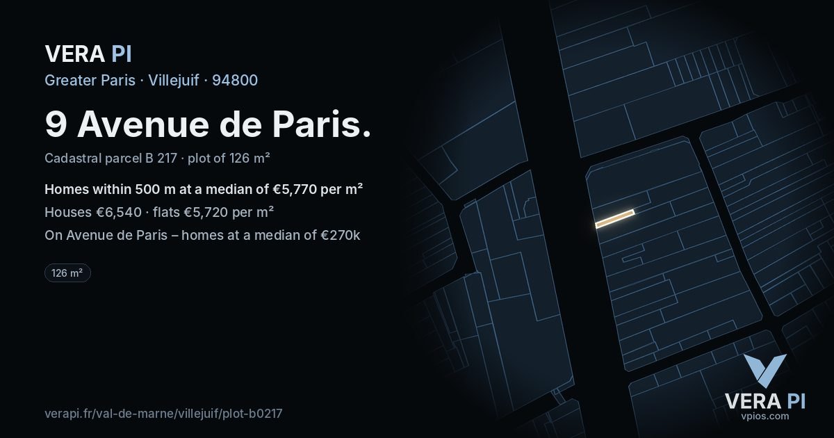 9 Avenue de Paris, Villejuif at night – the plot lit, the parcels around coloured by the prices near them