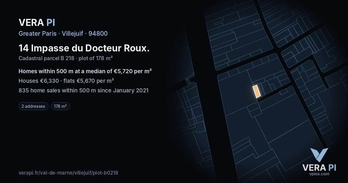14 Impasse du Docteur Roux, Villejuif at night – the plot lit, the parcels around coloured by the prices near them