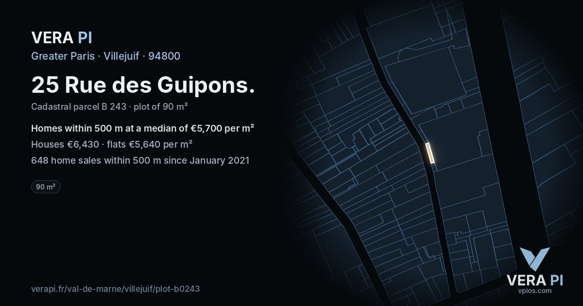 25 Rue des Guipons, Villejuif at night – the plot lit, the parcels around coloured by the prices near them