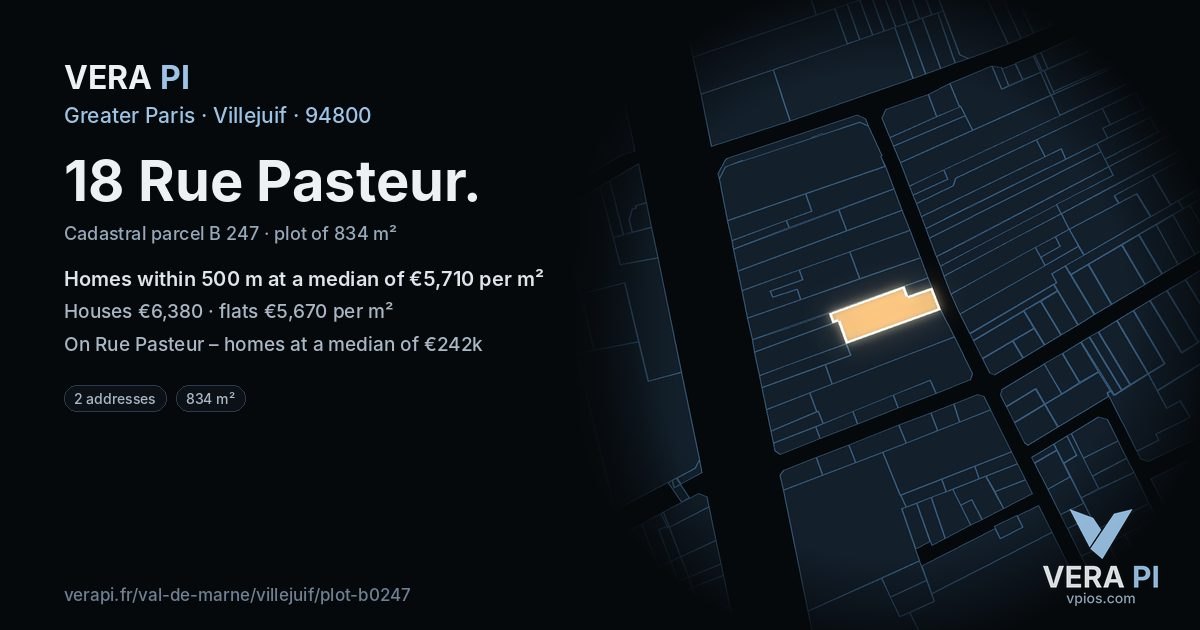 18 Rue Pasteur, Villejuif at night – the plot lit, the parcels around coloured by the prices near them