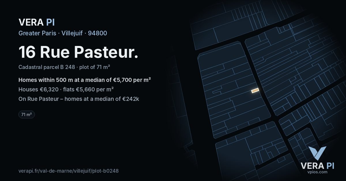 16 Rue Pasteur, Villejuif at night – the plot lit, the parcels around coloured by the prices near them