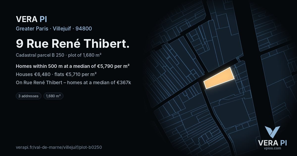 9 Rue René Thibert, Villejuif at night – the plot lit, the parcels around coloured by the prices near them