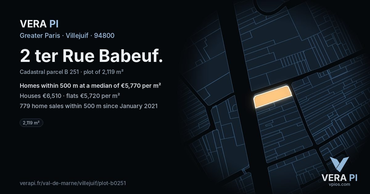 2 ter Rue Babeuf, Villejuif at night – the plot lit, the parcels around coloured by the prices near them