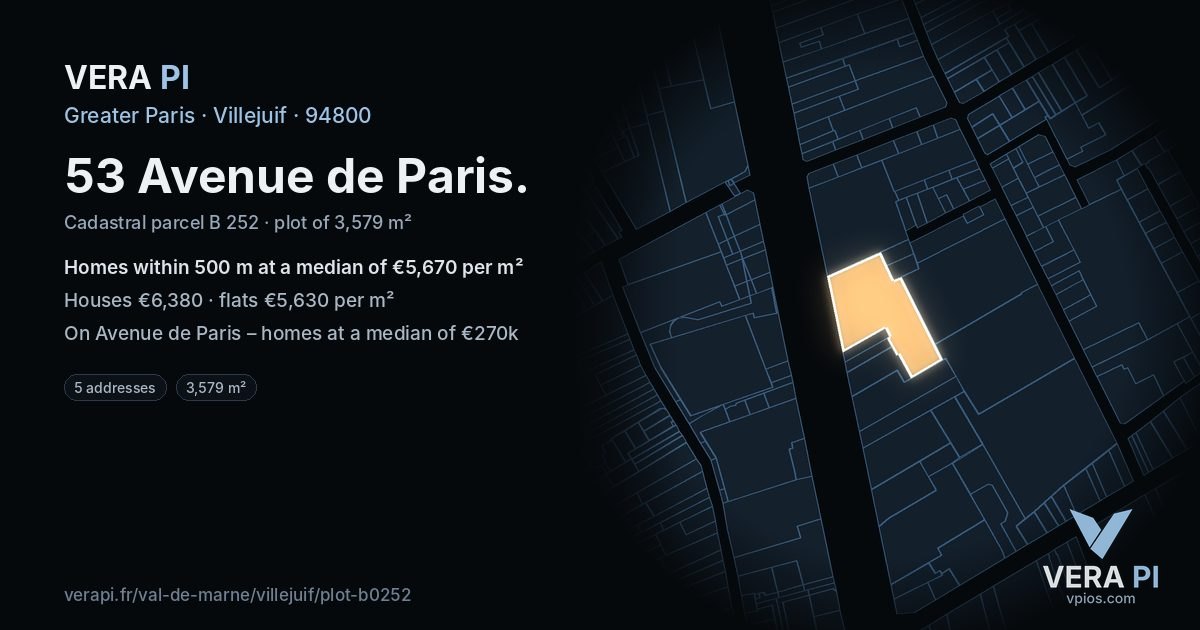 53 Avenue de Paris, Villejuif at night – the plot lit, the parcels around coloured by the prices near them