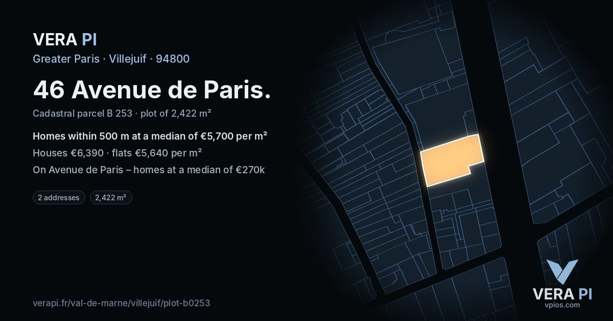 46 Avenue de Paris, Villejuif at night – the plot lit, the parcels around coloured by the prices near them