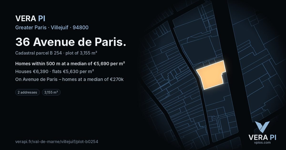 36 Avenue de Paris, Villejuif at night – the plot lit, the parcels around coloured by the prices near them