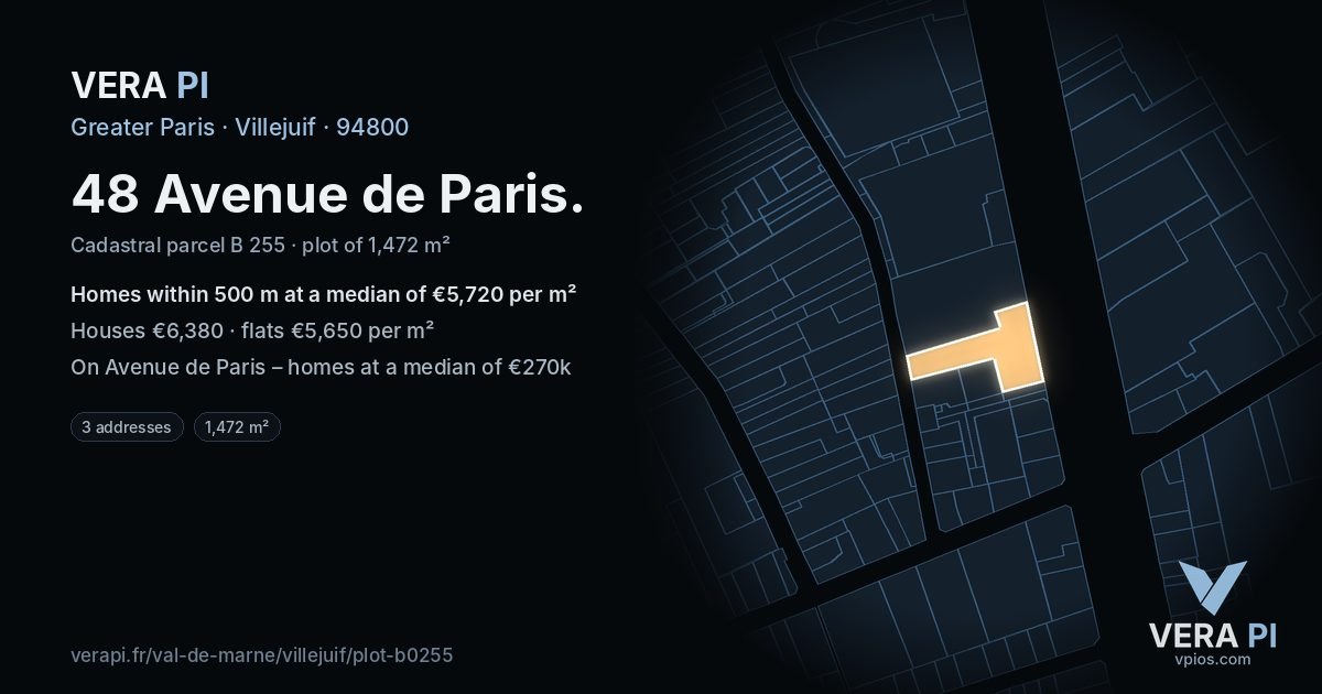 48 Avenue de Paris, Villejuif at night – the plot lit, the parcels around coloured by the prices near them