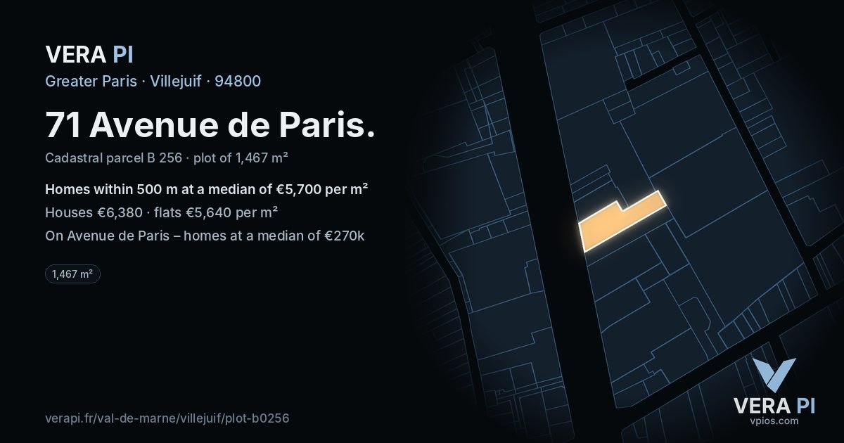 71 Avenue de Paris, Villejuif at night – the plot lit, the parcels around coloured by the prices near them
