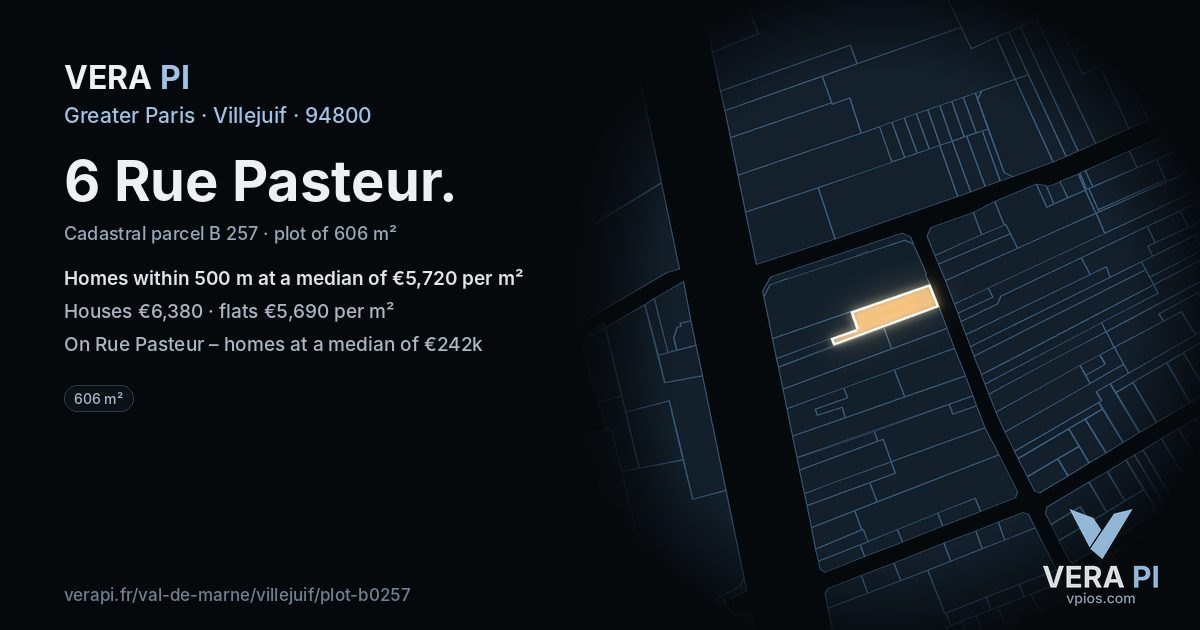 6 Rue Pasteur, Villejuif at night – the plot lit, the parcels around coloured by the prices near them