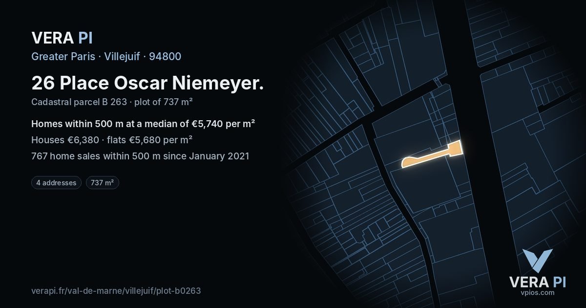26 Place Oscar Niemeyer, Villejuif at night – the plot lit, the parcels around coloured by the prices near them