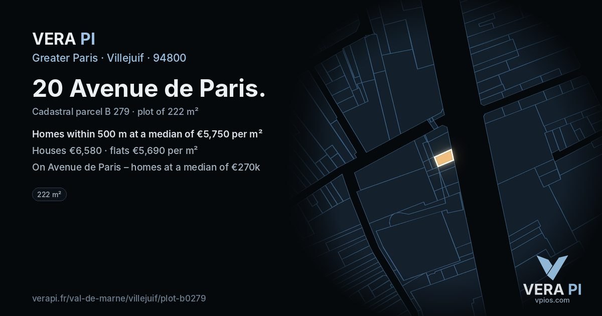 20 Avenue de Paris, Villejuif at night – the plot lit, the parcels around coloured by the prices near them