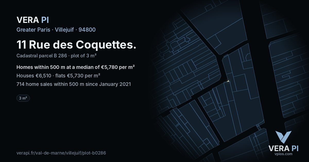 11 Rue des Coquettes, Villejuif at night – the plot lit, the parcels around coloured by the prices near them