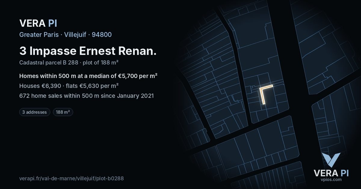 3 Impasse Ernest Renan, Villejuif at night – the plot lit, the parcels around coloured by the prices near them