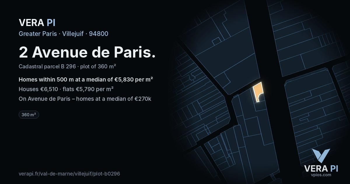 2 Avenue de Paris, Villejuif at night – the plot lit, the parcels around coloured by the prices near them