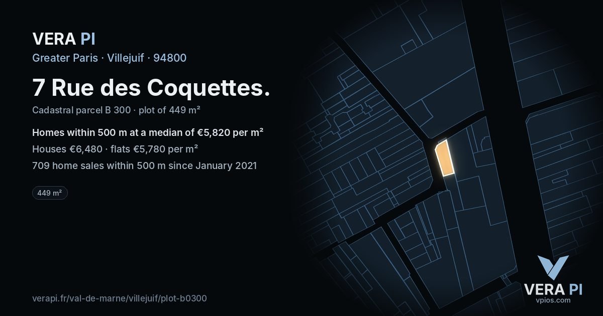 7 Rue des Coquettes, Villejuif at night – the plot lit, the parcels around coloured by the prices near them