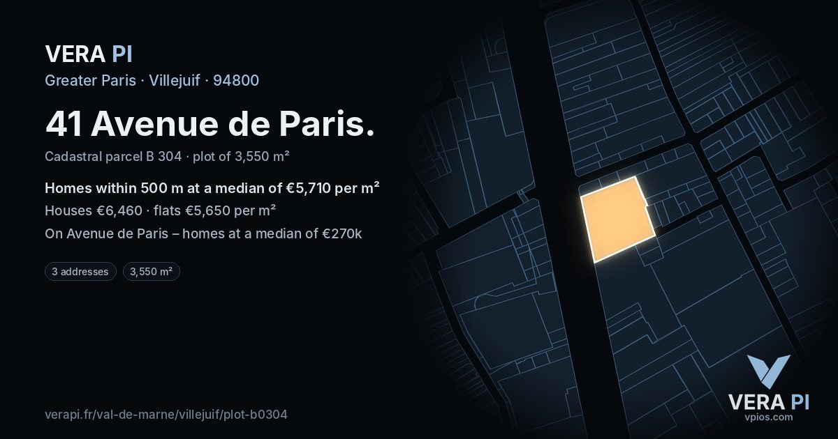 41 Avenue de Paris, Villejuif at night – the plot lit, the parcels around coloured by the prices near them