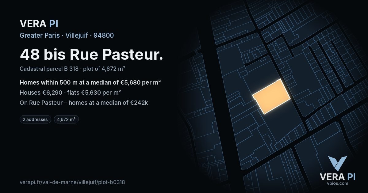 48 bis Rue Pasteur, Villejuif at night – the plot lit, the parcels around coloured by the prices near them