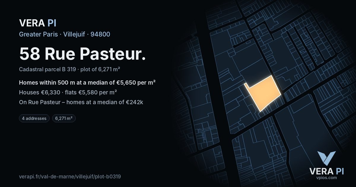 58 Rue Pasteur, Villejuif at night – the plot lit, the parcels around coloured by the prices near them