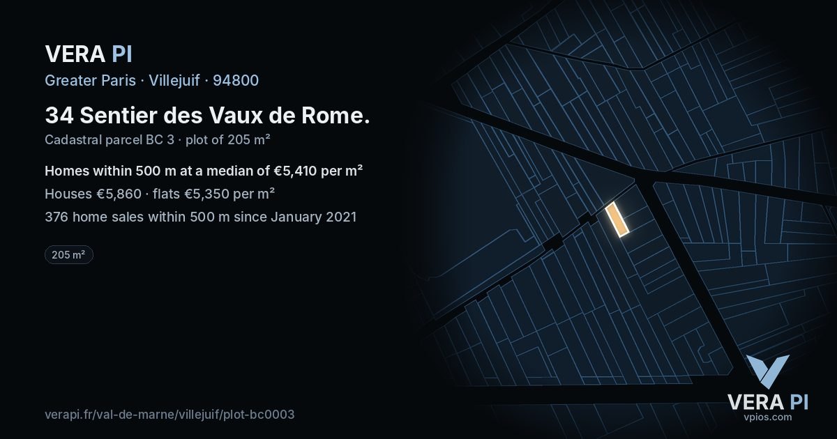 34 Sentier des Vaux de Rome, Villejuif at night – the plot lit, the parcels around coloured by the prices near them