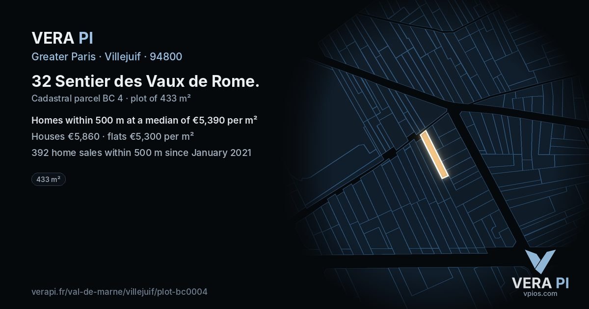 32 Sentier des Vaux de Rome, Villejuif at night – the plot lit, the parcels around coloured by the prices near them