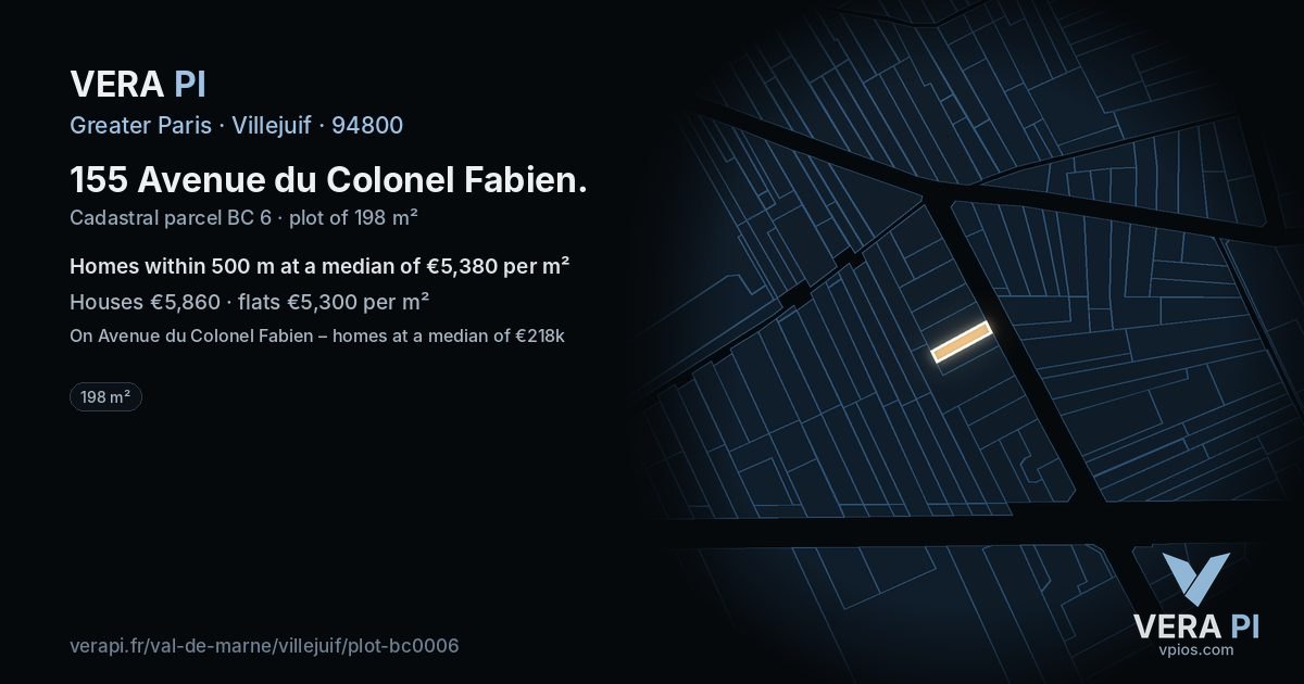 155 Avenue du Colonel Fabien, Villejuif at night – the plot lit, the parcels around coloured by the prices near them