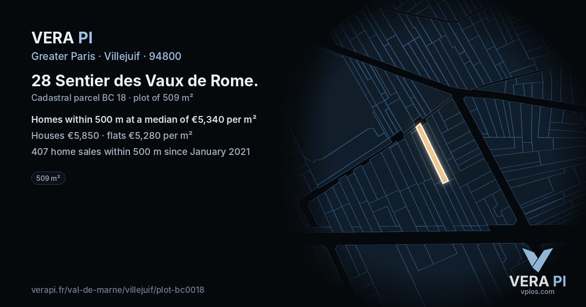 28 Sentier des Vaux de Rome, Villejuif at night – the plot lit, the parcels around coloured by the prices near them