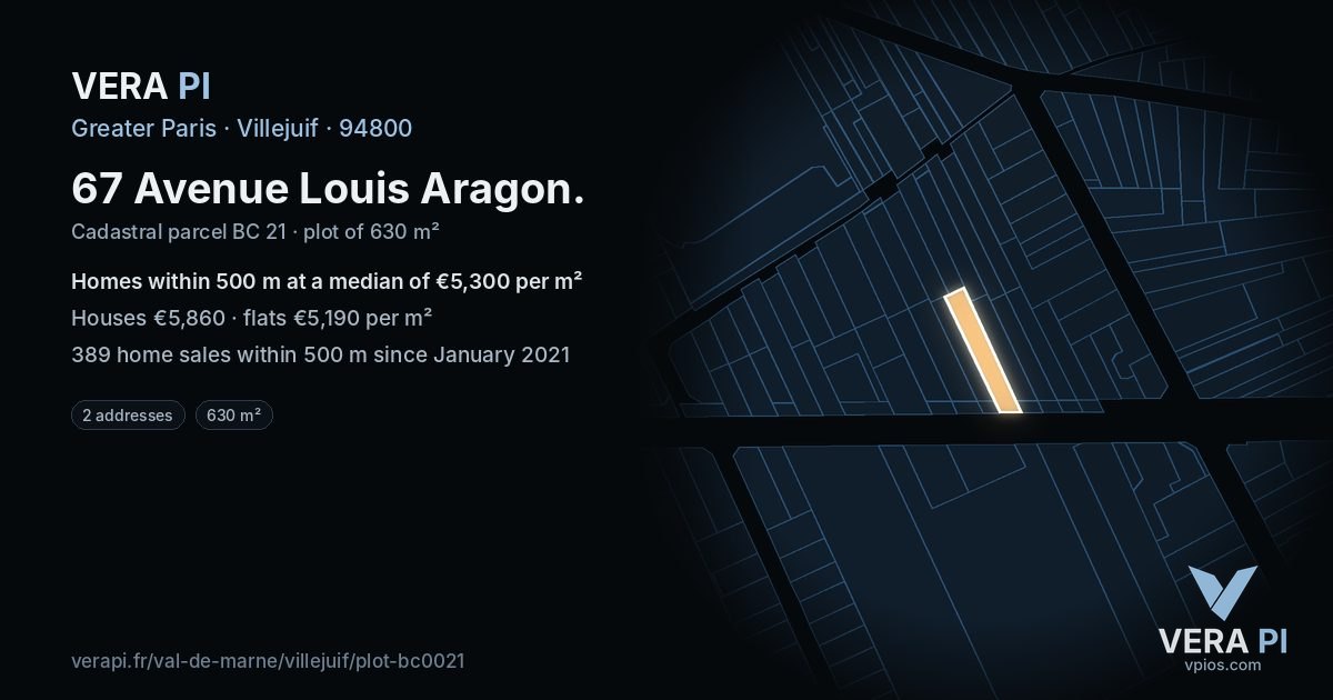 67 Avenue Louis Aragon, Villejuif at night – the plot lit, the parcels around coloured by the prices near them