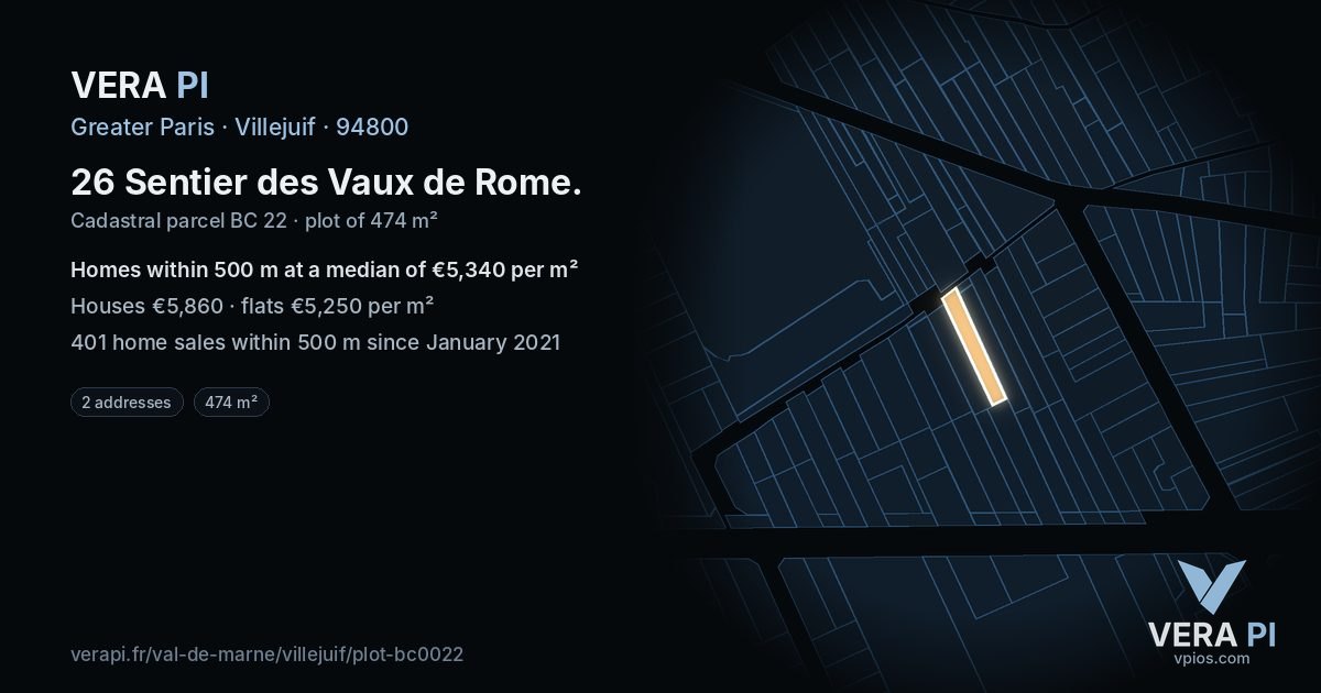26 Sentier des Vaux de Rome, Villejuif at night – the plot lit, the parcels around coloured by the prices near them