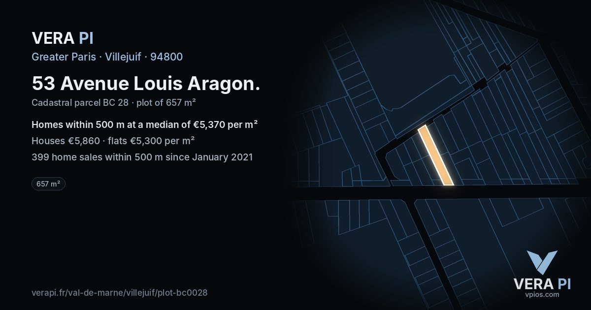 53 Avenue Louis Aragon, Villejuif at night – the plot lit, the parcels around coloured by the prices near them