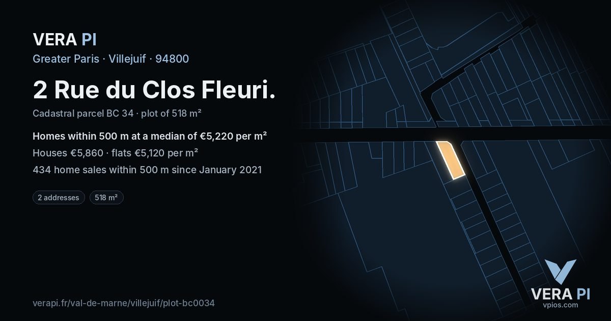 2 Rue du Clos Fleuri, Villejuif at night – the plot lit, the parcels around coloured by the prices near them