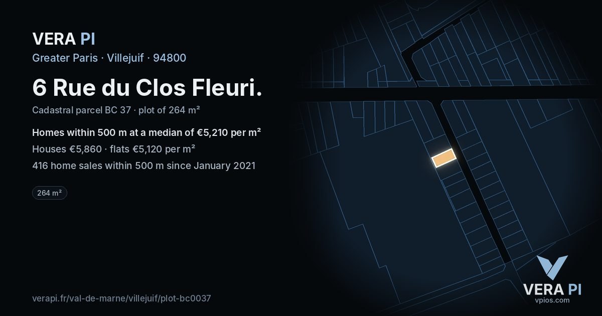 6 Rue du Clos Fleuri, Villejuif at night – the plot lit, the parcels around coloured by the prices near them