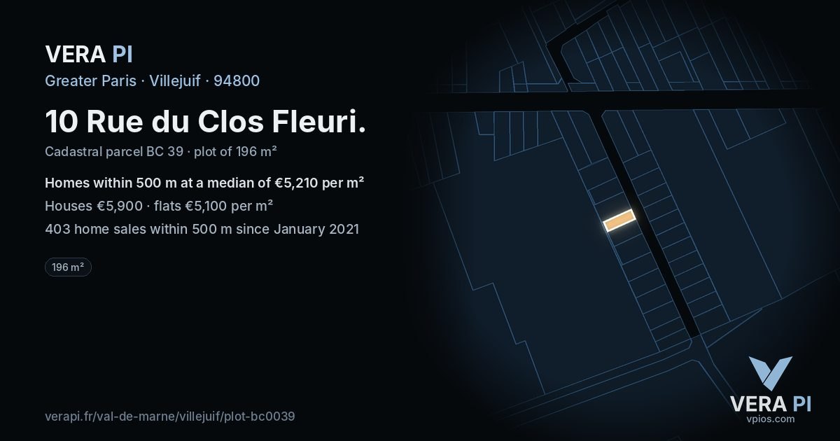 10 Rue du Clos Fleuri, Villejuif at night – the plot lit, the parcels around coloured by the prices near them