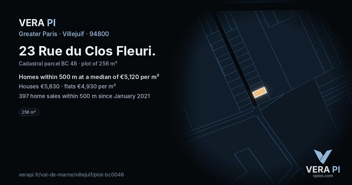 23 Rue du Clos Fleuri, Villejuif at night – the plot lit, the parcels around coloured by the prices near them