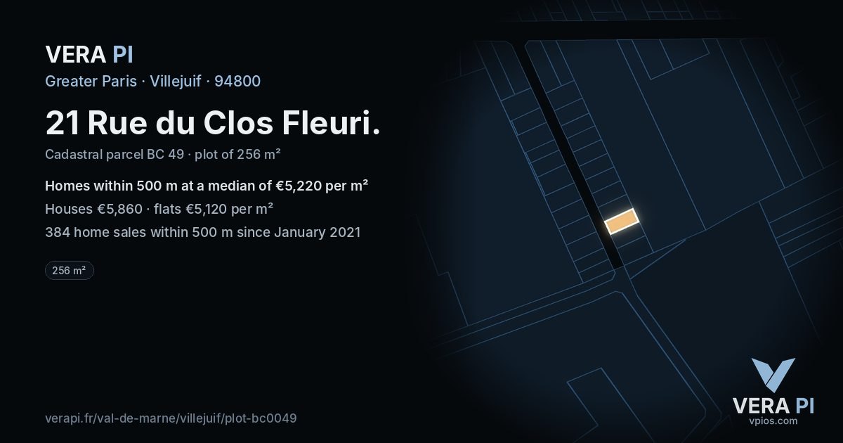 21 Rue du Clos Fleuri, Villejuif at night – the plot lit, the parcels around coloured by the prices near them