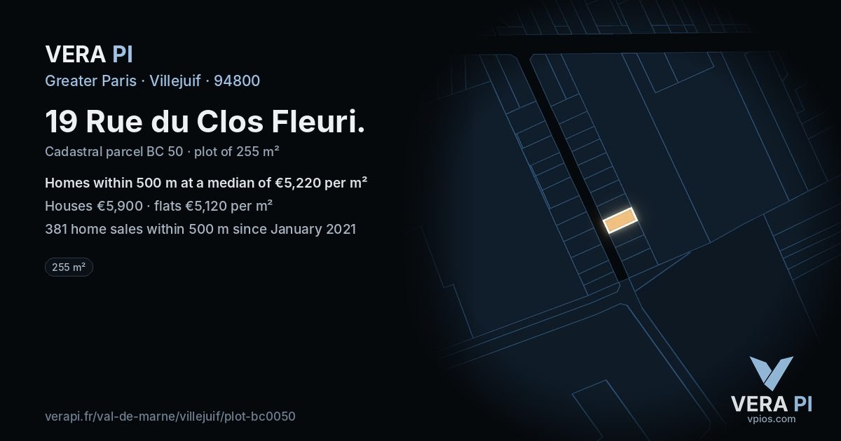 19 Rue du Clos Fleuri, Villejuif at night – the plot lit, the parcels around coloured by the prices near them