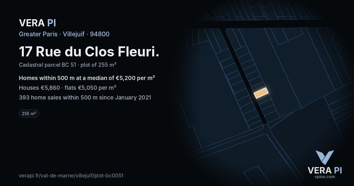 17 Rue du Clos Fleuri, Villejuif at night – the plot lit, the parcels around coloured by the prices near them