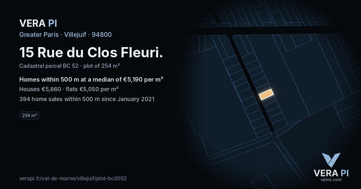 15 Rue du Clos Fleuri, Villejuif at night – the plot lit, the parcels around coloured by the prices near them