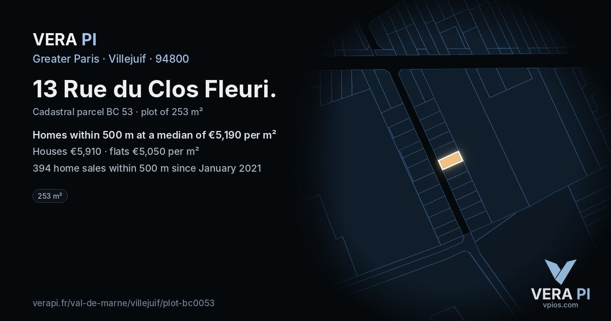 13 Rue du Clos Fleuri, Villejuif at night – the plot lit, the parcels around coloured by the prices near them